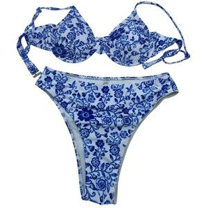 Blue & white floral high waisted bikini set *READ DESCRIPTION